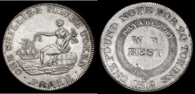 Shilling 19th Century Dorset - Poole 1812 Obverse: W.B. BEST within garter, ONE POUND NOTE FOR 20 TOKENS, Reverse: Female seated on a bale, holding sc...