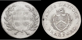 Shilling 19th Century Yorkshire - Bradford 1812 Obverse: Town Arms JAMES LAYCOCK , BRADFORD, Reverse: Justice standing between a bale and cask, Davis ...
