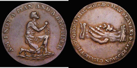 Slave Token Middlesex, undated, 'AM I NOT A MAN AND A BROTHER' Kneeling slave with clasped hands, Reverse: Two hands joined, MAY SLAVERY & OPPRESSION ...
