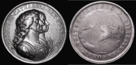 British Colonization 1670 42mm diameter in silver by P. Roettier, Obverse: Busts on the King and Queen right conjoined, the King armoured and draped, ...