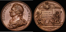 Oliver Cromwell Memorial 1658 (issued 1731), 41mm diameter in copper by J. Dassier, Obverse: Bust left, laureate and draped, OLIVARIUS CROMWELL, Rever...