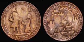 Carthagena Taken 1741 28mm diameter in brass, Obverse: Admiral Vernon stands above kneeling figure of Admiral Don Blass, receiving his sword, DON BLAS...