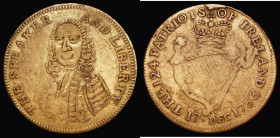 Irish Surplus Revenue Dispute 1753, 26mm diameter in brass, by J. Roche ? Obverse: Bust of the Speaker, almost facing, THE SPEAKER AND LIBERTY, Revers...