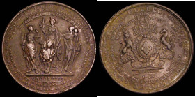 British Victories 1758/1759 44mm diameter in brass, by J. Kirk (?) Obverse: Britannia, in a chariot driven by a lion, drives over French lilies, with ...