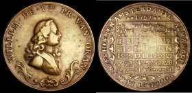 Netherlands - Calendar medal 1767 38mm diameter in brass, by Visser (Amsterdam) Obverse: bust of William of Orange right, WILLEM . DE . VDE. PR . VAN ...