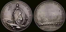 Battle of the Nile 1798 Davison's Medal, 46mm diameter in copper by C.H. Kuchler, Obverse: Peace standing on a rocky shore, holding in left hand a med...