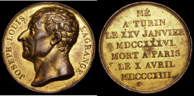 Death of Joseph Louis Lagrange (Italian-born French Mathematician) 1813 41mm diameter in gilt bronze, by Donadio Obverse: Bust left JOSEPH LOUIS LAGRA...