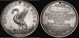Election Medal 1816 Thomas Leyland 39mm diameter in silver by T.Halliday, named to JAs HARVEY, Obverse: A Liverbird on seashore, with boats at sea in ...