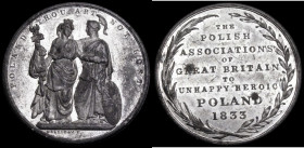 The Polish Association 1833 41mm diameter in White Metal by T. Halliday, Obverse: Polonia and Britannia standing, POLAND THOU ART NOT LOST, Reverse: I...