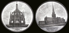 Chichester Cathedral 1844, 60mm diameter in White Metal by I. Barker, Obverse: View of Chichester Cathedral. In Exergue: CHICHESTER CATHEDRAL, Reverse...