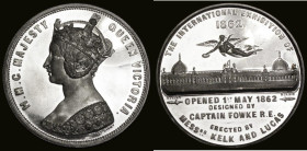 International Exhibition 1862 54mm in White Metal by T. Ottley, Obverse: Crown and draped, 'Gothic' bust of Queen Victoria H.M.G. MAJESTY QUEEN VICTOR...