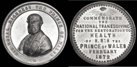 Recovery of the Prince of Wales From Typhoid 1872, 45mm diameter in White Metal, by T. Ottley, Obverse Draped bust of the Prince of Wales facing, head...