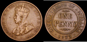 Australia Penny 1925 KM#23 Fine, 6 pearls are visible on the crown band, scarce, one of the key dates in the series