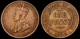 Australia Penny 1925 KM#23 Good Fine/VF with 6 pearls visible on the crown band, one of the key dates in the series