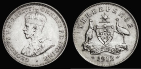 Australia Threepence 1912 KM#24 A/UNC, all diamonds and pearls are visible on the crown band, Rare in high grade