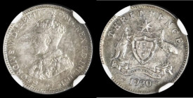 Australia Threepence 1920M KM#24 in an NGC holder and graded MS63, all diamonds and pearls on the crown band visible, Rare in this high grade, only 5 ...