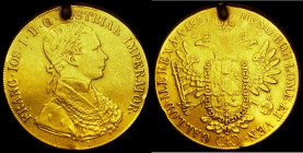 Austria Four Ducats Gold 1857A KM#2271.1 Good Fine/Fine, pierced with mount at the top of the obverse, the earlier large gold issues seldom seen
