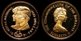 Bahamas $100 Gold 1981 Royal Wedding of Prince Charles and Lady Diana Spencer Gold Proof KM#87, nFDC with light handling marks, retaining almost fill ...