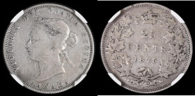 Canada 25 Cents 1875H KM#5 in an NGC holder and graded Fine 15, the key date in the series, Very Rare in all grades