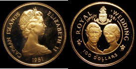 Cayman Islands $100 Gold 1981 Royal Wedding of Prince Charles and Lady Diana Spencer Gold Proof KM#69, nFDC with some small spots, retaining almost fu...