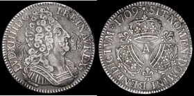 France Ecu 1709A Sun King VF for wear but with two initials engraved in the obverse field one each side of the portrait, 3 crowns reverse KM386.1