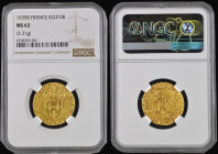 France Ecu d'Or 1635B Louis XIII, Rouen Mint, Friedberg 398, in an NGC holder and graded MS62