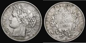 France Two Francs 1851A KM#760.1 NVF with some scratches on either side, a scarce issue and seldom seen