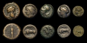 Ancient Greece - Syracuse, Sicily (5) Ae Litra, (c.400BC) Obverse: Head of Athena left, helmeted, Reverse: Hippocamp left, 8.27 grammes, Fine, Agathok...