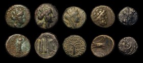Ancient Greece (5) Tyre, Phoenicia, Ae14, Civic issue, (2nd Century AD) Obverse: Turreted head of Tyche right, Reverse: Palm Tree ÆŸ OÐ“ in field, 2.8...