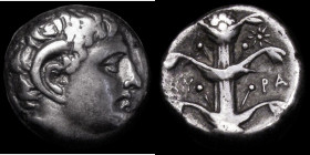 Ancient Greece, Kyrenaica, Kyrene (c.294-275BC) Didrachm, 19mm, Obverse: Head of Zeus Karneios right, with horn of Ammon, Reverse: Silphilium plant, K...