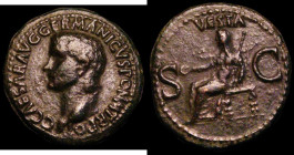 Roman Ae As Caligula (struck 37-38AD) Obverse: Bare head left, C CAESAR AVG GERMANICVS M TR POT, Reverse: Vesta seated left, holding patera and sceptr...