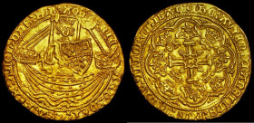 Noble Richard II Second Issue, Type 2a, French title omitted, London Mint, Saltire over sail, Ropes 3/1. S.1655var. Obverse Legend : RICARD DEI GRÉ… R...