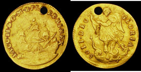Touch piece in gold James II 19mm diameter. Obverse: Ship IACO II D G M B FR ET HI REX, Reverse: St. Michael as angel, with spear, fighting dragon, SO...