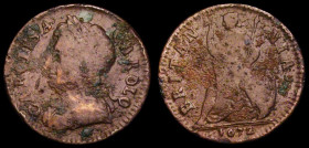 Farthing 1672 First O over L in CAROLO (as Cooke Collection nos.753/754) VG with some corrosion and verdigris, the overstrike very clear, Very Rare ty...