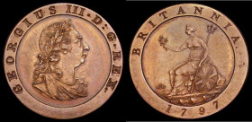 Farthing 1797 Pattern Restrike in copper, Peck 1201, R72, EF with some light hairlines in the fields, the obverse lightly cleaned