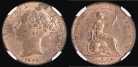 Farthing 1843 Reverse B, No flaw by Britannia's arm, B of BRITANNIA has no top serif and full lower serif, both A's in BRITANNIAR have full bars, in a...