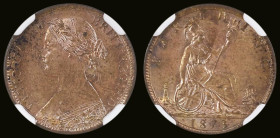 Farthing 1873 as Freeman 524 dies 3+B, High 3 in date (3 clear of linear circle) in an NGC holder and graded MS63 RB