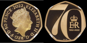 Fifty Pence 2022 Queen Elizabeth II Platinum Jubilee Gold Proof, Obverse: Queen's portrait, S.H103A, in an NGC holder and graded PF70 Ultra Cameo, thi...