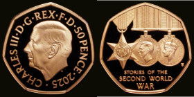Fifty Pence 2025 Stories of the Second World War, Reverse: A set of three medals: 1939-45 Star and obverses of War Medal and Defence Medals, Gold Proo...