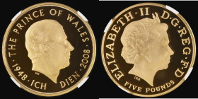 Five Pound Crown 2008 Prince Charles 60th Birthday Gold Proof S.L19 in an NGC holder and graded PF69 Ultra Cameo
