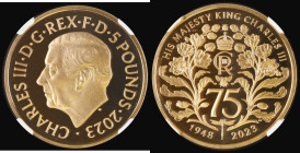 Five Pound Crown 2023 King Charles III 75th Birthday Gold Proof S.L144 in an NGC holder and graded PF69 Ultra Cameo