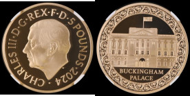 Five Pound Crown 2024 Buckingham Palace Gold Proof, S.L158, in an NGC holder and graded PF70 Ultra Cameo