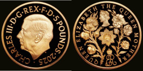 Five Pound Crown 2025 Queen Elizabeth The Queen Mother, a new reverse featuring an arrangement of thistles, roses and a crowned ER monogram, below a s...
