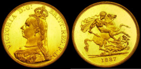 Five Pounds 1887 Proof S.3864 GEF for wear with small rim nicks, the obverse hairlined and with signs of fine smoothing in the fields visible under ma...