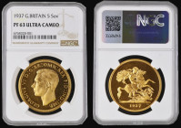 Five Pounds 1937 Gold Proof S.4074, Marsh F40, in an NGC holder and graded PF63 Ultra Cameo, the only Gold Five Pounds George VI issue continues to be...