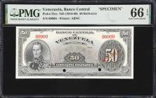 VENEZUELA. Banco Central de Venezuela. 50 Bolivares, ND (1954-60). P-33cs. Specimen. PMG Gem Uncirculated 66 EPQ.

Estimate: $200.00 - $400.00