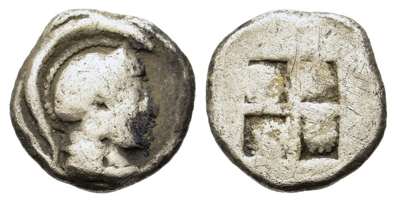 Macedon, Akanthos, c. 500-470 BC. AR Diobol (11,7mm, 1.3g). Helmeted head of Ath...