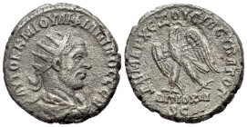 Philip I (244-249). Antioch. BI Tetradrachm (25mm, 9.40g, 2h), AD 247. Radiate, draped and cuirassed bust r. R/ Eagle standing l., with wings spread, ...