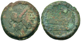Anonymous, Rome, c. 215-212 BC. Æ Semis (33,4mm, 32g). Laureate head of Saturn right; S (mark of value) behind. R/ Prow of galley right, with three al...