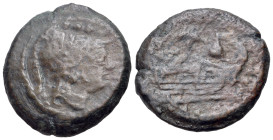 Meta series, Rome, c. 206-195. Æ Triens (27mm, 14.01g, 4h). Helmeted head of Minerva r. R/ Prow r.; meta above. Crawford 124/5; RBW 572. Rare, Good Fi...